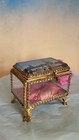 Antique French Ormoglo Trinket Glass Brass Silk Box Romantic