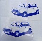 2 X Mini Clubman Saloon Self Adhesive Stickers Printed In Blue On Clear Vinyl