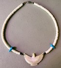Vintage Mother Of Pearl Bird Fetish Necklace - Carved Shell Heishe   Turquoise
