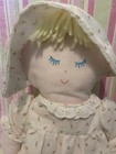 Vintage Eden Toys Cloth Baby Doll Praire Pink Rosebud Dress Hat Blonde Yarn Hair