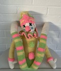 Rare Vintage Clown Handmade Crocheted Yarn Doll Yellow Pink Mint Green 27 Inches