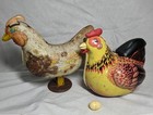 Lot Of 2 Antique Vintage Hen Laying Eggs Tin Toys Wyandotte Qsh With 1 Egg 