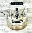Vintage Simplex Style Tea Kettle Whistling Stainless Steel Black Wood Handle