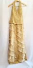 Ignite Evenings Gold Halter Dress Lace Bodice Chiffon Tiered Ruffle 10-12 Prom