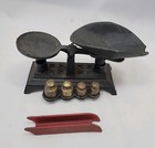 Small Vintage  Black Cast Iron Balance Scale With 4  Brass Weights   Placer Tool