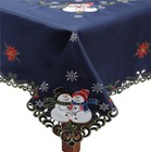 Holiday Christmas Snowman Snowflake Poinsettia Tablecloth With Napkins Blue Gold