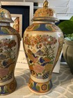 Pair Japanese Oriental Porcelain Satsuma Vase W lid 12 tall 