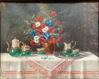 Original Painting Tea Set With Flowers -tea Time -still Life- Oil canvas - 1950s