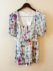 Lavender Brown Abstract Multicolor Puff-sleeve Belted Romper Size Small New
