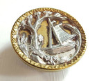 Antique Sailboat Picture Button   Pierced Pewter On Brass   Just Under  1  25mm