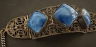 Antique Nouveau Czech Brass Filigree   Lapis Blue Glass Bracelet