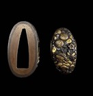 Antique Shakudo Nanako Fuchi Kashira Gold Inlay Floral