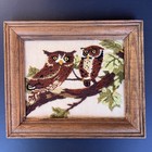 Vtg Mcm Crewel Embroidery Owls Wall Art Framed 13x11 Retro Fiber Art 60   s-70   s