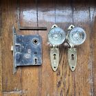 Antique Door Hardware Set Round Glass Knobs Escutcheon Plates   Mortise Lock