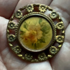 Antique Vtg Metal W  Flower Lithograph Button - Openwork Flower Border 1 1 4   