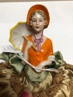 6    Antique German Porcelain Half 1 2 Doll Lady In Orange Parasol Pin Cushion  cc