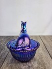Cobalt Blue Carnival Glass Resting Pony Covered Trinket Candy Dish