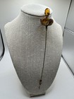 Antique Long Art Nouveau Hat Pin Amber Glass Bulb Gilt Brass Filigree Post 8     