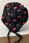 Back Cotton Medical Scrub Cap Black Red Heart Ekg Stethoscope Ideal Long Hair L
