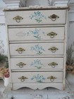 Breathtaking Old Antique Childs Dresser 5 Drawers Hand Painted Blue Flowers