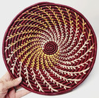 Vintage  Wrapped Coiled Woven Shallow Basket Bowl Tray Red Delicate Vines 13 In