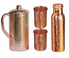 Copper Water Jug Pitcher Pure Mug Hammered Pot With 2 Glass Tumblers 1 Bottle