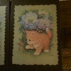Vtg K  Chin Kitten Floral Wood Plaque Set Of 4 Wall Art Prints 1970s Kitschy Mcm
