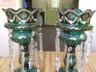 Pair Of Antique Victorian Emerald Green Art Glass Mantle Lusters With Prisms