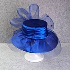 Royal Blue Wide Brim Dress Hat Mesh Floral Rhinestone Church Derby Wedding Hat