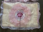 2 Vintage Pink Peach Satin Ruffled Pillow Shams With Floral Lace Details Shiny