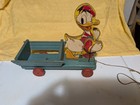 Vintage 1950   s Fisher Price Donald Duck Wooden Pull Toy W Wagon Clicker