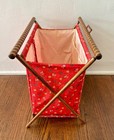 Red Vintage Folding Sewing Knitting Caddy Bag With Floral Fabric And Wood Frame