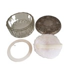 Vtg Vanity Pressed Glass Powder Jar Silver Plate Lid W  Mirror Puff   Screen