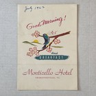 Vintage Monticello Hotel Menu Lot Of 2 1960s Restaurant Breakfast   Dinner Menus