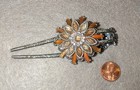 Vintage Floral Metal Hair Barrette Clip For Women  Silver Tone  Orange Accents
