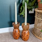 Pair Of Vintage Hand Carved Pineapple Taper Candle Holders 8 5  Tiki Hawaii Wood