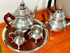 Vintage  Williamsburg Kirk Stieff 5 Piece Pewter Coffee And Tea Set With Tray 
