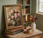 Gold Framed Vintage Canvas Wall Art  Pink Roses Floral Painting Picture Wall    