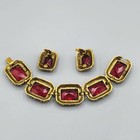 Vintage Tara Signed Red Emerald Cut Glass Gold Tone Etruscan Bracelet Earrings