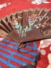 Antique Victorian Hand Painted Embroidered Fan  Carved Wood  Lace