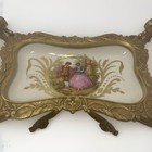 Antique French Sevres Style Porcelain Dresser Tray Ornate Gilt Bronze Footed