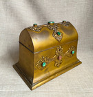 Antique C1860 Gothic Revival Gilt Brass Stationery Box Inset Malachite Casket