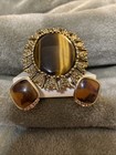 Vintage Tiger   s Eye Style Brooch And Monet Earrings Gold Tone Mcm Style