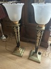 Pair Of Vintage Mcm Table Lamp Gold Gild Ormolu Cast Brass On Black Column Base