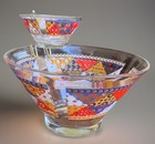 Vtg Mid Century Modern Chip   Dip Bowls Mcm 2 Piece Set Unique Patchwork Print