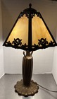 Antique Art Nouveau 24    Table Lamp Bronze Base With  6 Panel Slag Glass Shade