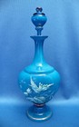 Rare Antique Cased Blue Raised Enamel Hummingbird Perfume Dresser Bottle stopper