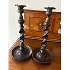 Antique Barley Twist Oak Wood Brass Candlesticks Set Of 2 Victorian Spiral Stem