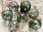Set Of 7 Japanese Antique Glass Fishing Floats W  Nets  2 5  Sea Green And Blue