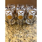 Vintage Mcm Gold Roman Medallion Frosted Highball Glasses Set Of 6 With Caddy